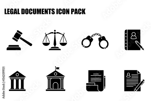 Legal documents icon set featuring a gavel, scales of justice, handcuffs, court records, courthouse, and legal documents. Set of simple black and white icons for legal services.