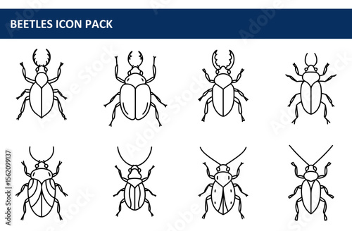 Beetle icon set in black and white line art style. Simple, outlined images of various beetle types for educational or design use.