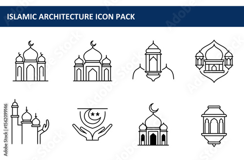 Islamic architecture icons in a simple line drawing style. Collection of mosques, lanterns, and religious symbols for educational or cultural use.