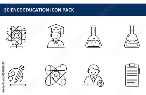 Science education icon pack featuring various symbols for educational purposes. Diverse symbols representing scientific concepts, academics and tools.