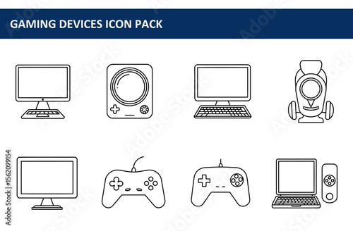 Gaming devices icons in a modern, minimalist style. Outline illustrations of a monitor, speakers, computer, game controller, and a video game vehicle against a plain background.