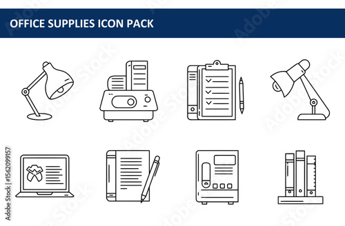 Office supplies icons for a digital workplace. Simple, black and white line drawings depicting various office equipment in a modern workspace setting.