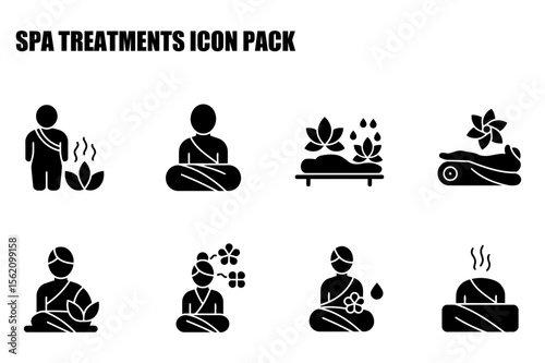 Spa treatments icon set featuring various spa treatments for different demographics. People meditating in various poses with associated spa treatment elements.