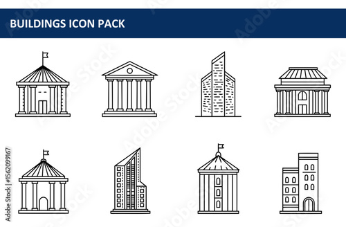 Line art illustration of various buildings in a simple, modern style. Collection of architecture icons against a plain background.