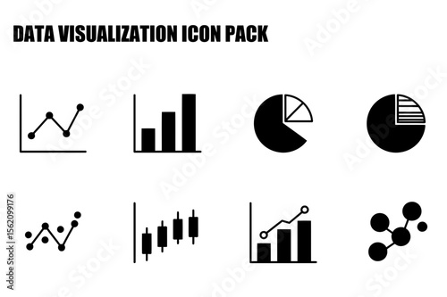 Data visualization icons in a simple, clean design. Collection of graphs and charts displayed in a flat style, suitable for data analysis or financial reports.