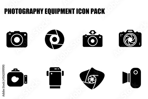 Photography equipment icons set with various camera types and accessories. Simple black icons displayed in a grid layout against a white background.