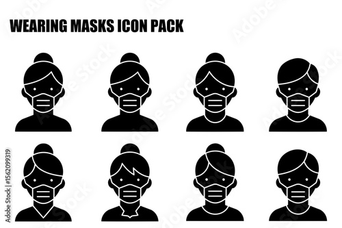 Diverse people of various ages and genders wearing protective face masks in a simple, flat design. Generic representation of people wearing face masks in a public place.