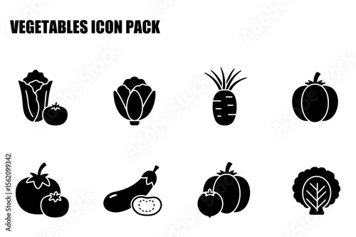Black and white vegetable icons in a set. Collection of various vegetables displayed in a flat design. Vegetable icons for agricultural or culinary use. General use.