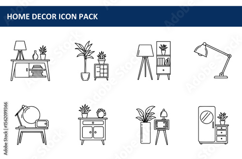 Home decor icons, showcasing various furniture and accessories in a modern setting. Simple, line drawings of interior design elements in a neutral space.