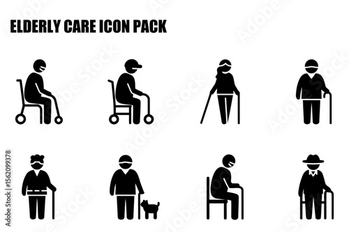 Elderly care icons featuring various postures and activities in a healthcare setting.