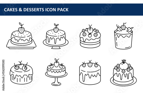 Cake and dessert icons with various fruit toppings. Collection of simple line art illustrations of cakes and desserts on plates and stands.