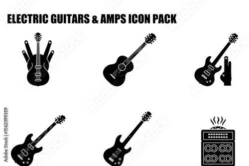 Electric guitars and amps icon pack depicting various musical instruments with a simple, illustrative style.