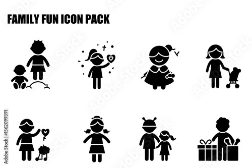 Family fun icon pack depicting various family interactions. Simple black silhouettes of children and adults in various playful activities, with a focus on everyday family scenes.