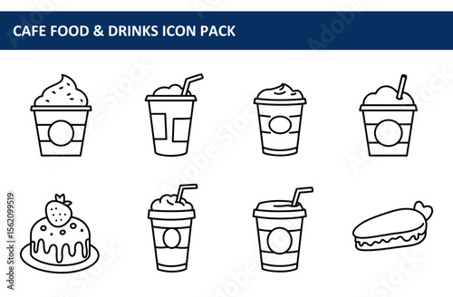 Cafe food and drinks icons in various styles. Illustrations of beverages, desserts, and snacks depicted in a simple line art style, suitable for a cafe menu or iconography.
