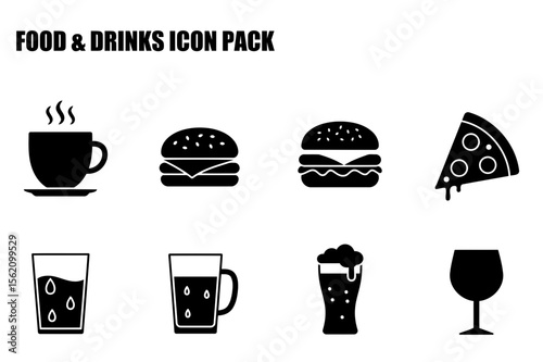 Food and drink icons in a restaurant setting. Simple black and white illustrations showing various dishes and drinks. Various foods and drinks icons with restaurant theme -
