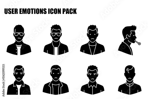 Male user profile icons displaying various emotions in casual attire. Portraits showcase different facial expressions, from sadness to anger to taking a temperature.