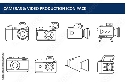 Line art illustration of various cameras and video production equipment.