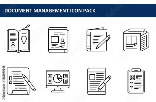 Document Management Icons. various file types with writing tools in a simplified office setting.