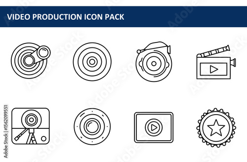 Video production icons in a simple, clean graphic design. Outlined illustrations of video production equipment, representing video, audio, and post-production elements in a flat design, with no color.