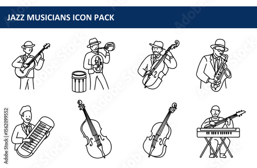 Jazz musicians playing various instruments in a line art style. Male musicians in suits and hats playing guitars, trombones, cellos, saxophones, basses, and keyboards.