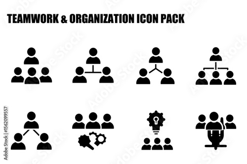Teamwork & organizational icons in black and white, showcasing various team structures and collaborations.