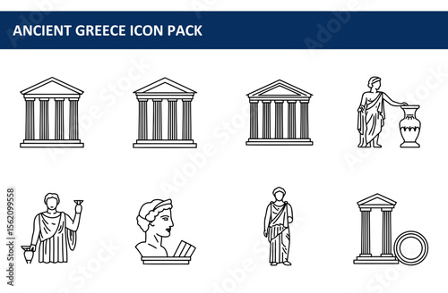 Ancient Greece iconic structures and figures in outlined style. Architectural illustrations of temples, statues, and figures in classical poses, with a background of a plain white color.