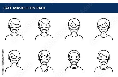 Generic person wearing face mask in various demographics, frontal view against plain background. Diverse individuals wearing face masks for health and safety in a public setting.