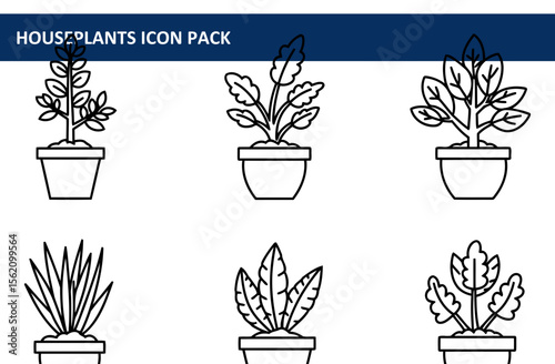 Houseplant illustrations in various styles in terracotta pots. Simple line art of houseplants in individual pots, ideal for home decor and gardening websites.