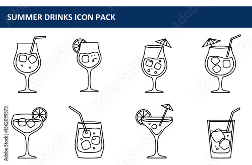 Summer drinks icon pack featuring various cocktails with ice, umbrellas, and straws. Outline illustrations of different glass types, perfect for summer-themed designs.