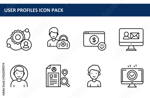 User profile icons depicting various online interactions in a simple, clean line art style. A collection of user profile icons, showing different user actions in a digital environment.