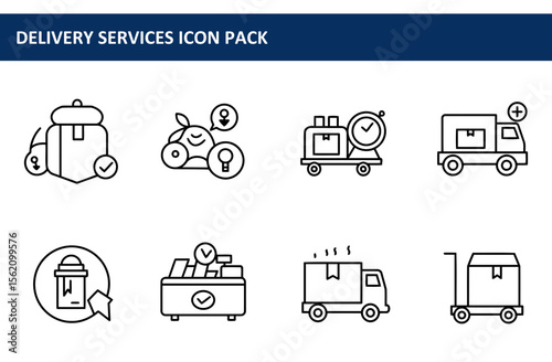 Delivery services icon pack depicting various stages of delivery process in simple, clean line art style. Modern and efficient logistics icons for advertising or editorial use in a business context.