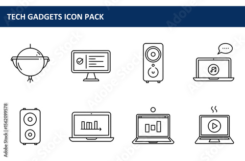Line art icons of various tech gadgets in a white background. Simple and modern digital devices for general purpose.