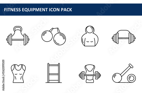 Fitness equipment icons for gym/home workout. Simple line drawings of various strength training tools and poses, showing a variety of fitness equipment in a gym/home setting.