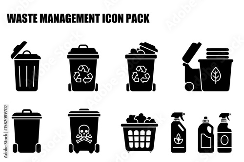 Waste management icon pack showing various bins and containers for different waste types. Recycling bins and trash cans depicted with different symbols for various waste types.