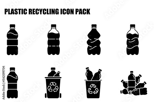 Plastic recycling icons depicting various stages of the process. Full color illustrations of plastic bottles and a recycling bin, displaying the stages of recycling plastic bottles.