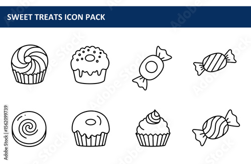 Sweet treats icon pack featuring various desserts and candies. Simple line art illustrations of cupcakes, donuts, and different types of candy, presented on a white background.