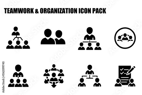 Teamwork and organizational icons in a business setting. Various team structures and meeting arrangements. Generic business icons for use in a presentation or guide. General use.
