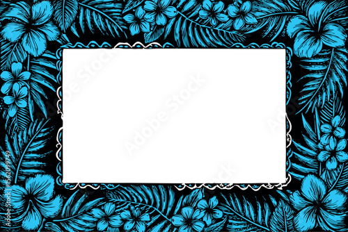 Tropical floral border with palm leaves and hibiscus flowers for decorative design and scrapbooking