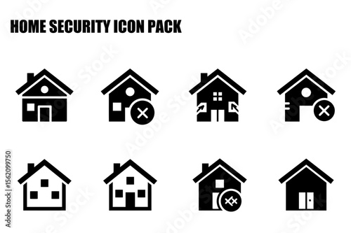 Home security icons showing various states of access. Simple black and white house icons representing secure and locked/unsecure states for home security software.