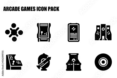 Arcade game icons in various styles. Collection of simple, black and white icons representing various arcade games and components, including a game console, display, multi-player station, and more.