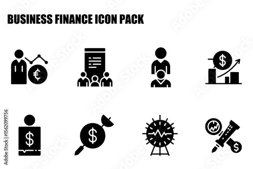 Business finance icons in a professional presentation setting. Diverse team members and presenters illustrate concepts with a simple and clear format for easy use.