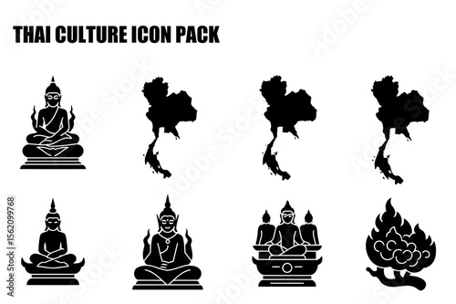 Thai culture icons in silhouette style showing various religious figures and geographical representations.