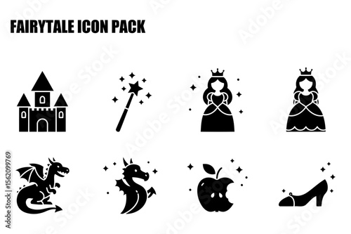Fairy tale icons depicting a castle, magic wand, princesses, dragons, apples, and glass slippers. Simple black and white figures of classic fairytale elements in a decorative style.