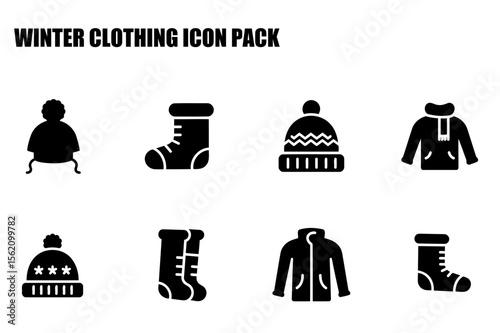 Winter clothing icons for general use. Simple black and white silhouettes of winter apparel against a white background.