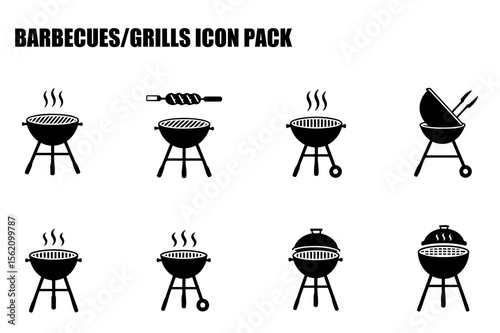 Barbecue grill icons in various states showing open and closed griddle/lid, open smoke, and food, for general use.