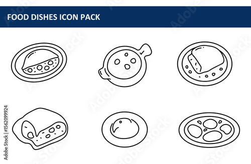 Food dishes icon pack displaying various food items in plates and pots. Simple line drawings of dishes with different food styles.