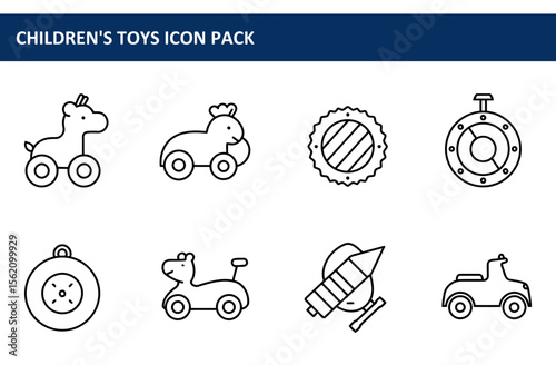 Children's toy icons in various forms, including a horse-drawn toy cart, a sheep-drawn cart, a circular shield, a stopwatch, a toy cart with a horse head, a rocket and small vehicle.