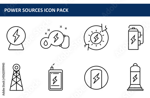 Power Sources Icon Pack. Outline style illustrations of various power sources.