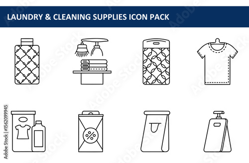 Laundry and cleaning supplies icons for a diverse range of products, including mattress protectors, clothing items, towels, detergents, and discount bags.