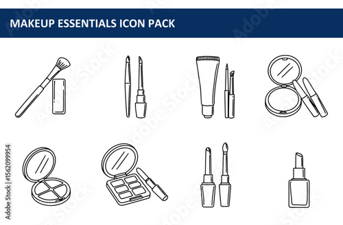Makeup essentials icons in a simple line art style. Various makeup products displayed in a flat lay design.